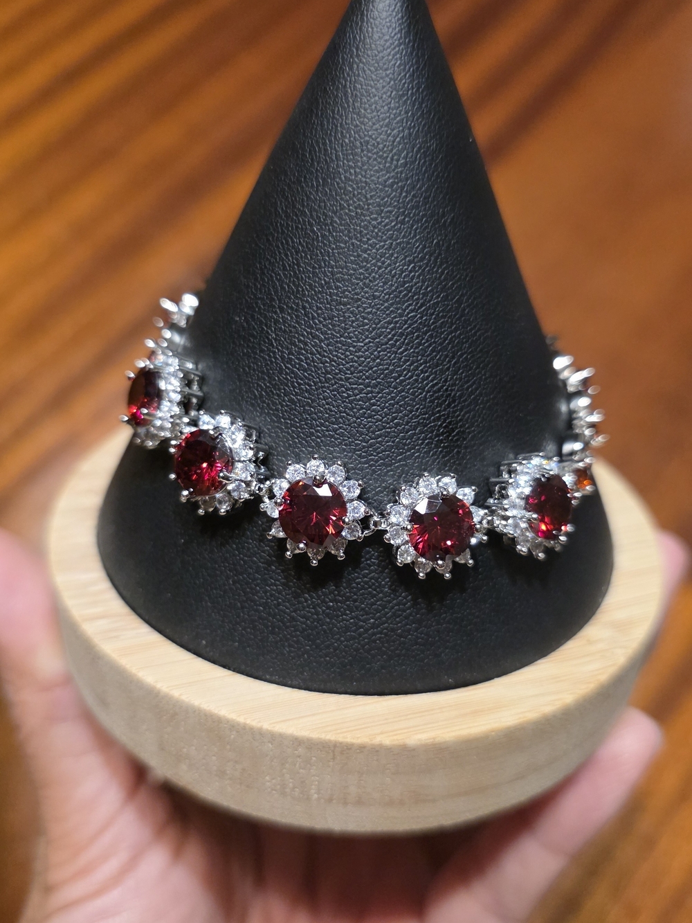 White Gold Filled Red CZ Halo Tennis Bracelet 7.5”